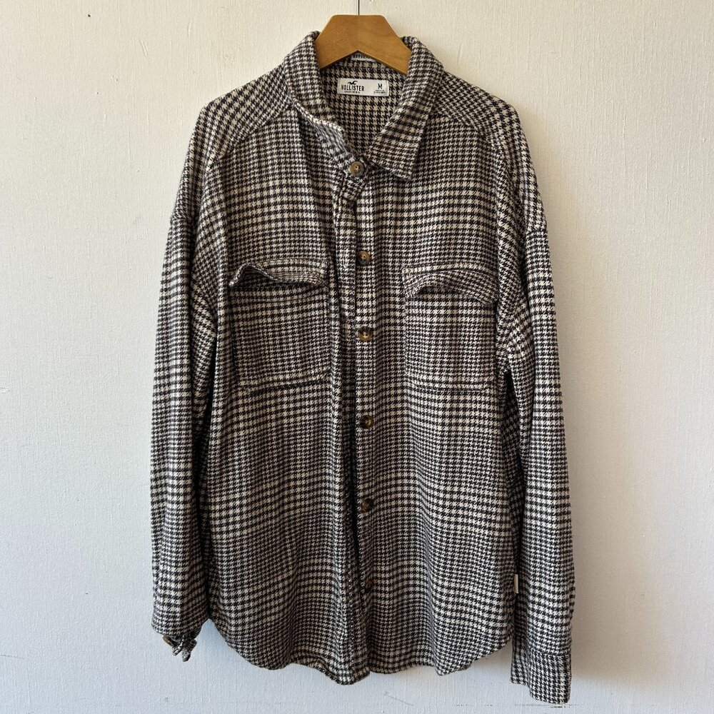 Hollister Houndstooth Flannel Shirt Women Medium Boyfriend Fit Lumberjane Grunge